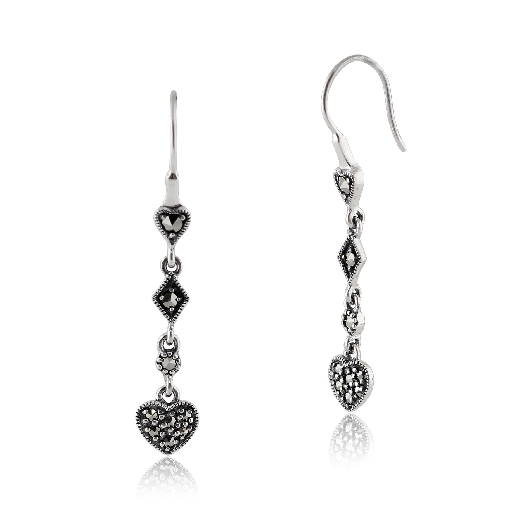 Art Deco Style Round Marcasite Pave Set Heart Drop Earrings in 925 Sterling Silver